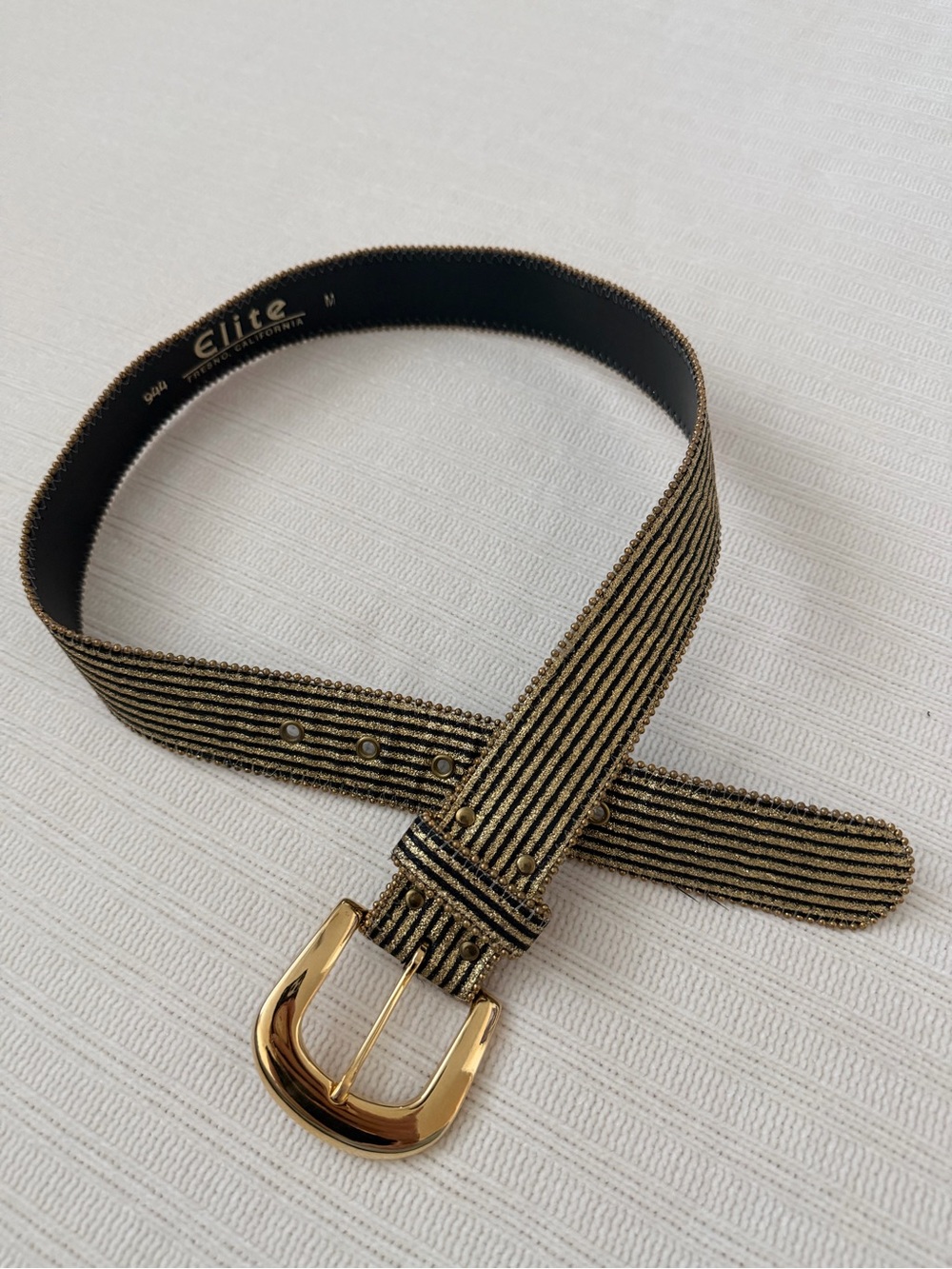 Vintage Elite Fresno California Navy & Gold Metallic Striped Glam Belt M